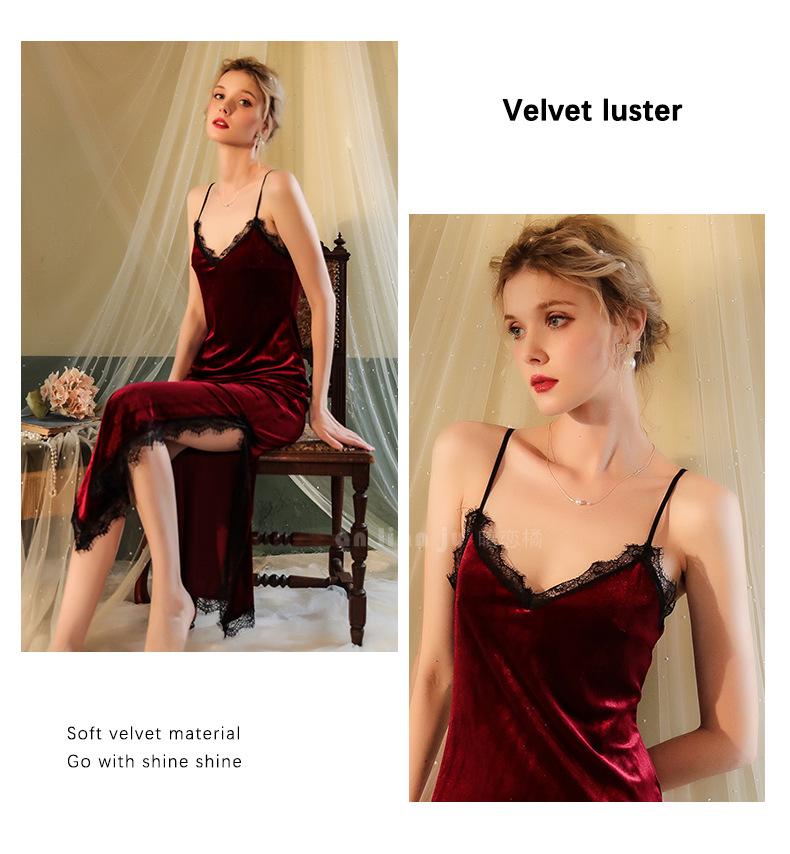 Fiyun Cămașă de noapte sexy din catifea cu dantelă cu decolteu adânc în V și set de pijama