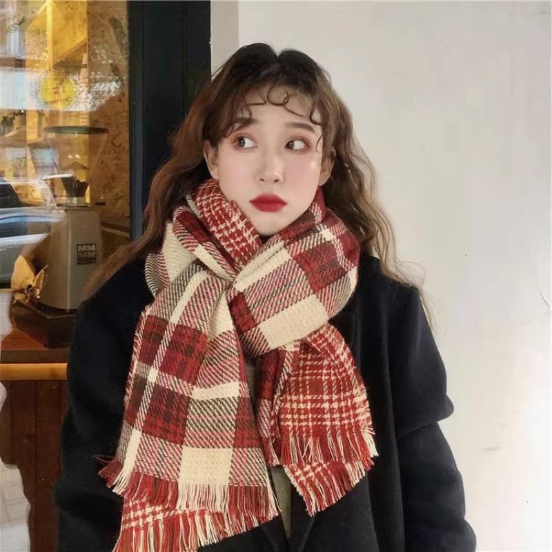 Scarf Plaid Girl Christmas Atmosphere Vintage Versatile Knitting Winter Premium Red Shawl Scarf Scarf