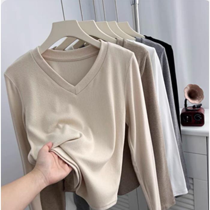 Pulover scurt moale și pufos, cu blană periată de toamnă și iarnă, cu temperament simplu, cu decolteu în V, cu mâneci lungi, cămașă slim și slăbită pentru femei