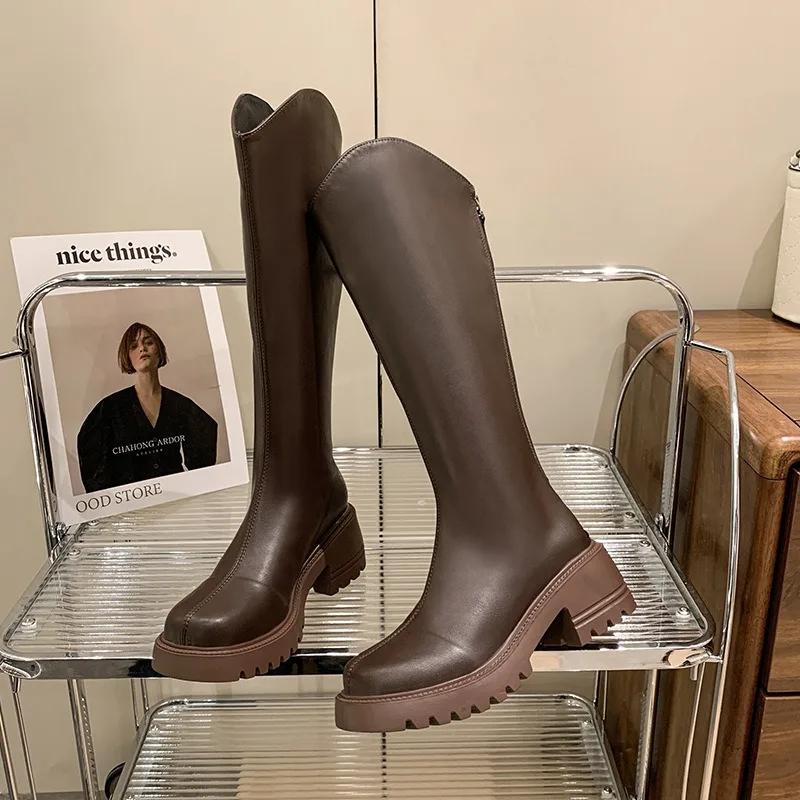 Fashion Fashion Platform Leather Knight Boots for Women Autumn Winter Soft-soled Women's Shoes Designer Increase Knee-high Boots Female