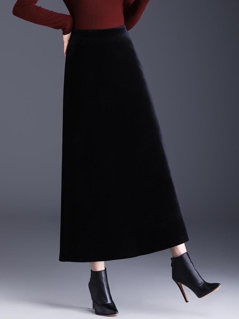 Golden Velvet High-Waisted A-Line Flare Skirt - Winter 2025 Fashion