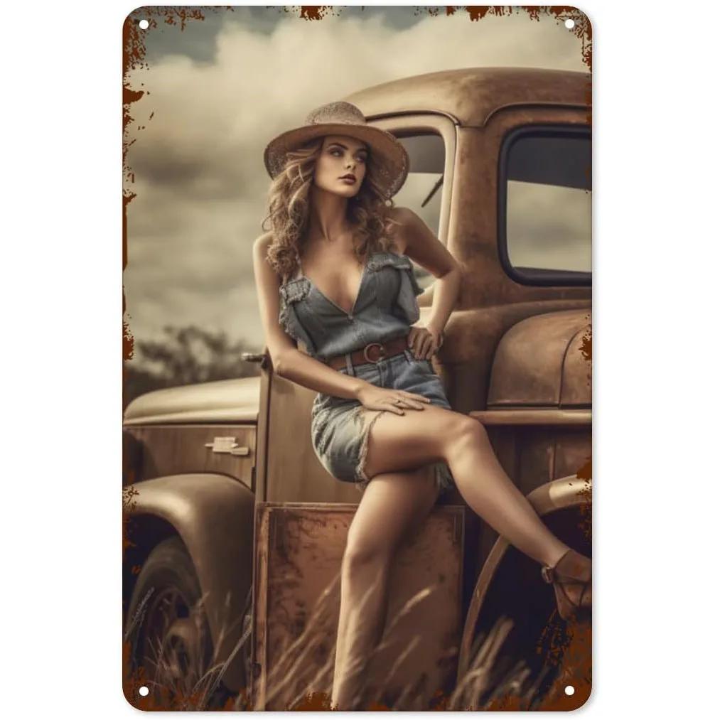 Pinup Car Girls Metal Tin Signs Plaque Wall Decoration Vintage Art Posters Iron Painting for Man Cave Home Cafe Garden Club B