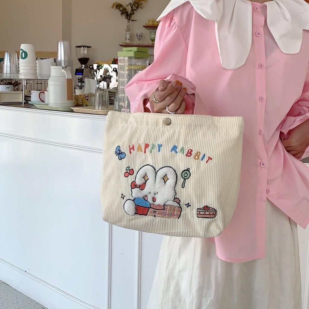 Adorable Cartoon Rabbit Embroidered Canvas Tote Bag Stylish Corduroy Handbag For Women And Students