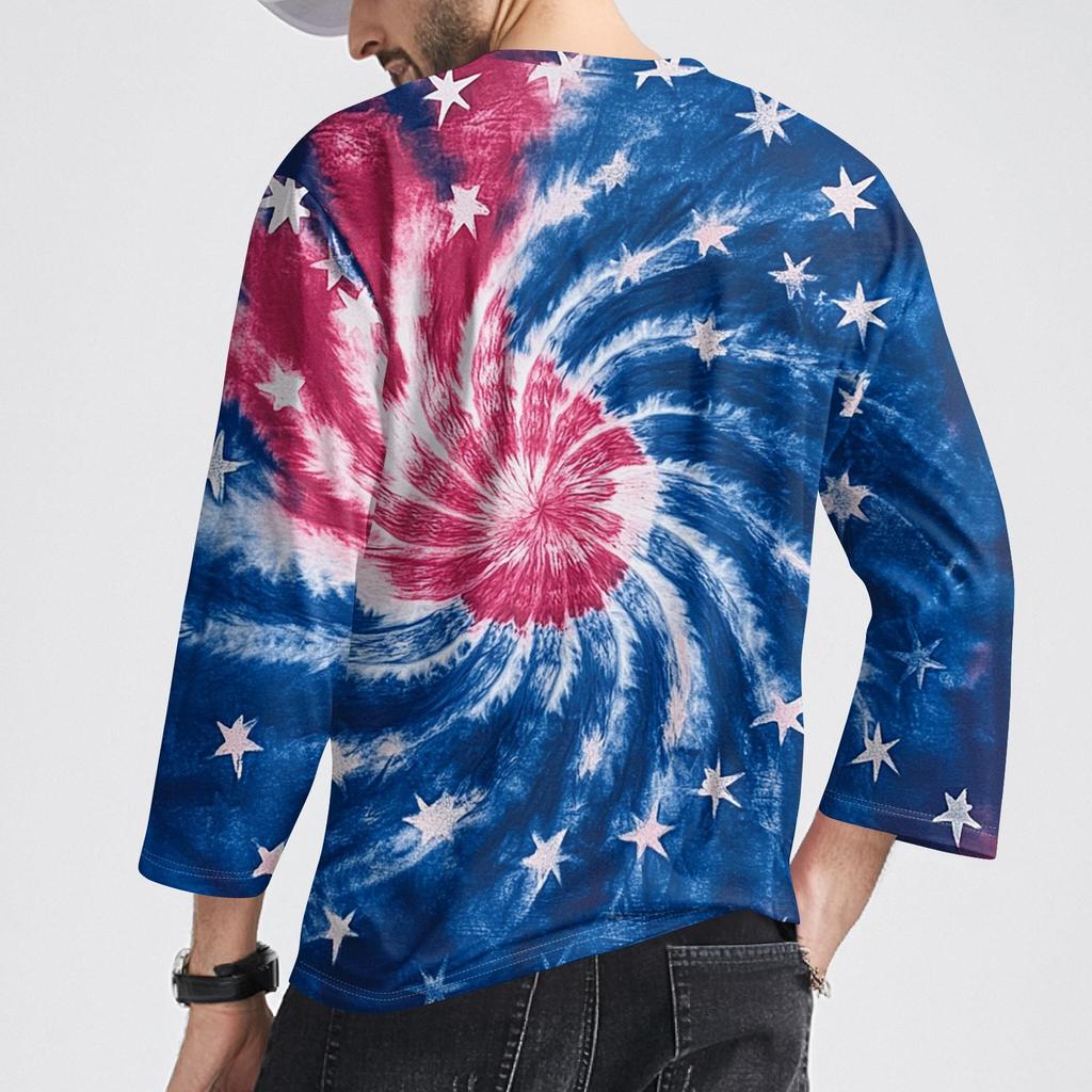 Men's Fashion Casual Independence Day Print  Neck Seven-point Sleeve Top T-shirt