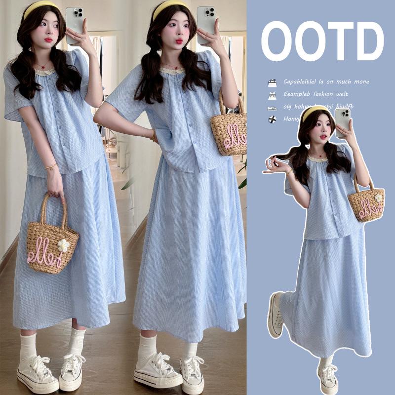 2026 Summer Retro Lace Plaid Maternity Set: Drawstring Skirt XL