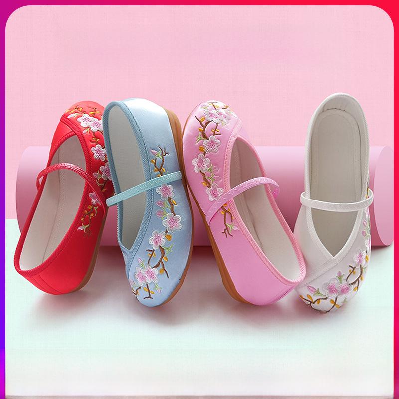 Girls' Hanfu Embroidered Dance Shoes, Traditional Chinese Style Costume Footwear, Old Beijing Cloth Performance Shoes