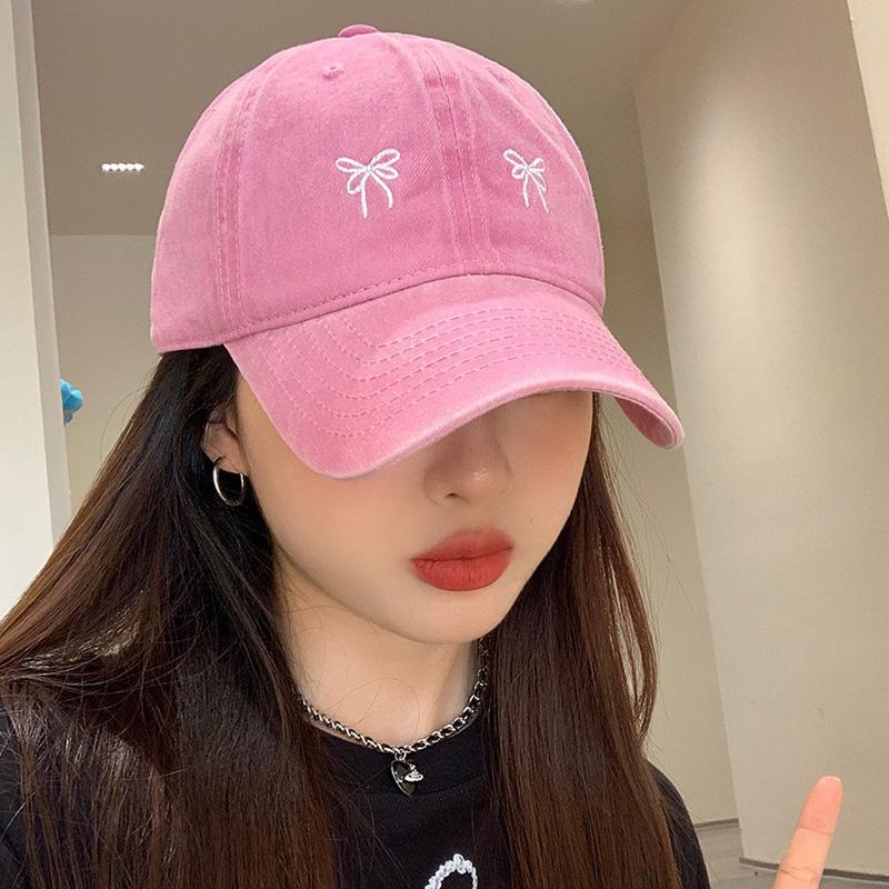 Gorra de Béisbol Bordada con Lazo Coreano para Mujer Niña Algodón Lavado Verano Exterior Sombrero Protector Solar Color Sólido Gorras Ajustables