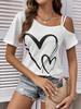 Heart Print Off the Shoulder Short Sleeve Asymmetrical T-shirt Casual Sexy Top with Slight Stretch Micro Elasticity Random Printing Machine Washable