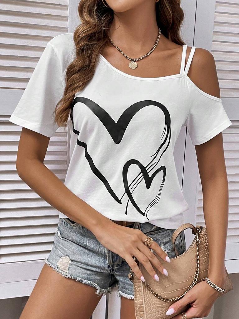 Heart Print Off the Shoulder Short Sleeve Asymmetrical T-shirt Casual Sexy Top with Slight Stretch Micro Elasticity Random Printing Machine Washable