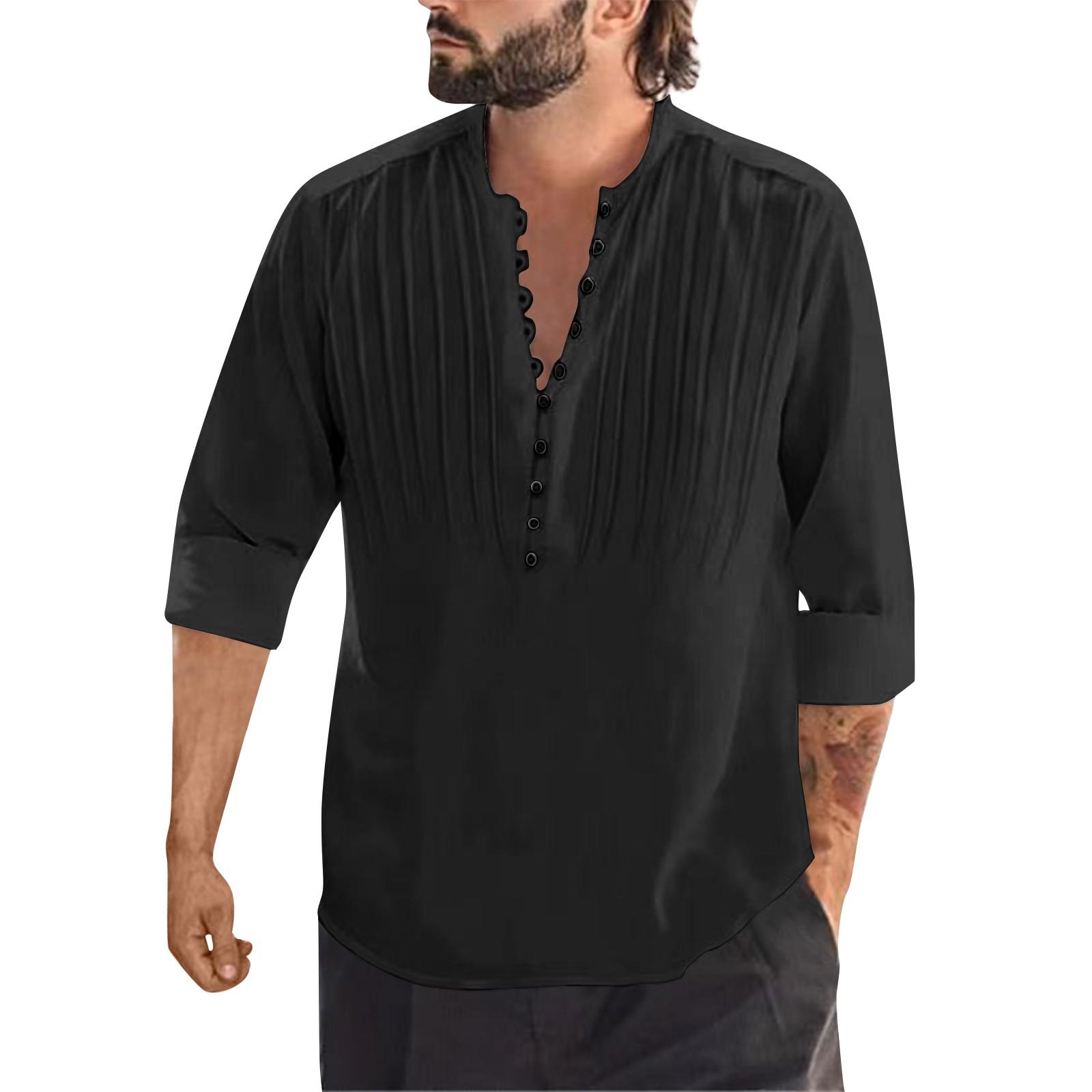 

Летняя мужская плиссированная рубашка с длинными рукавами и круглым вырезом на пуговицах, однотонная повседневная рубашка из хлопка и льна L чёрный