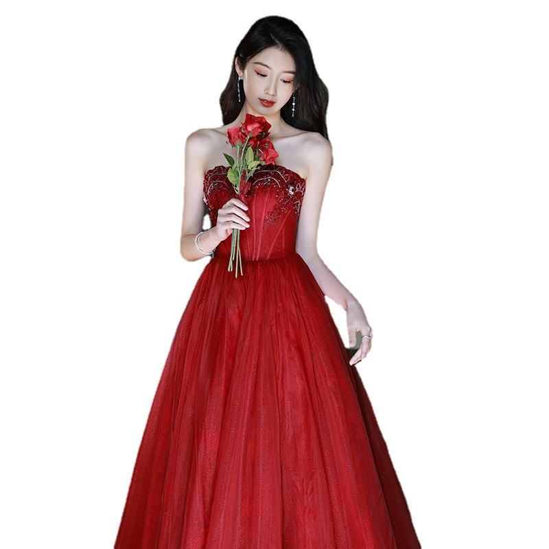 Toast Bride New Summer Red Engagement Dress Dress Heavy Handmade Return Dress Small Evening Dress