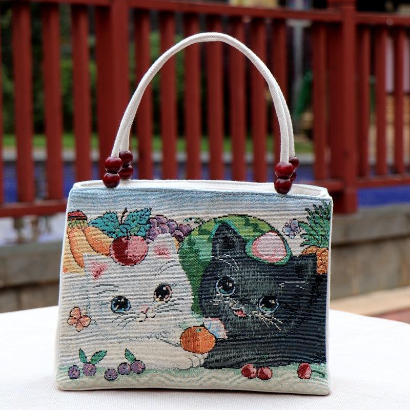 Yunnan Ethnic Style Double-layer Wooden Bead Bag Elephant Embroidery Bag Ethnic Fabric Bag