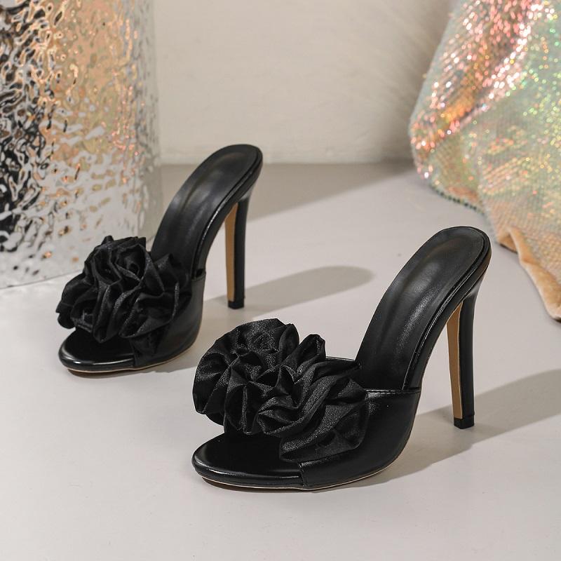 

Eilyken Fashion Thin High Heels Flower Women Slippers Summer Elegant Satin Open Toe Banquet Prom Slide Shoes Sandals 35 чёрный