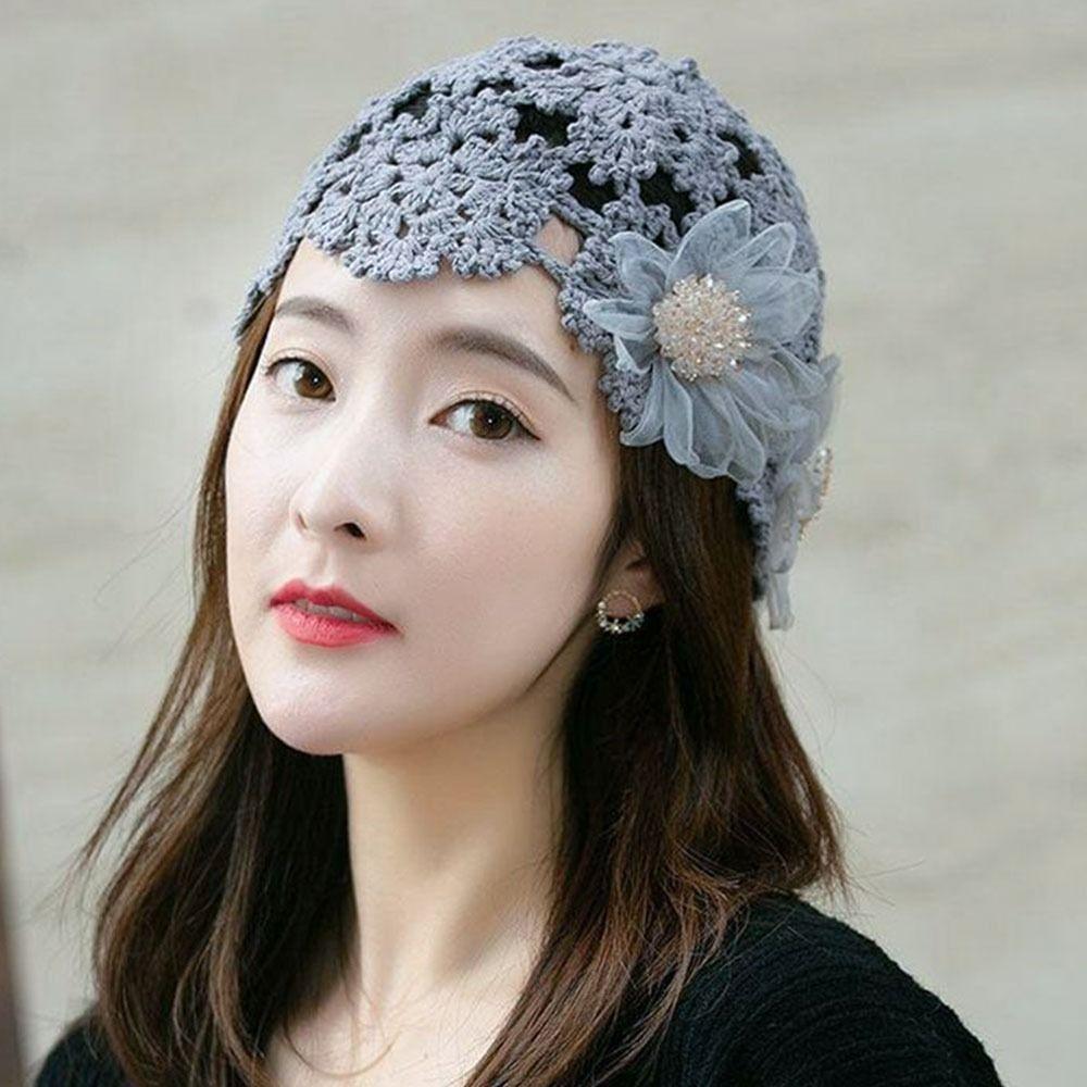 Blumen Baskenmütze Mütze Spitze Skullies Hut Atmungsaktive Strickmütze für Frauen