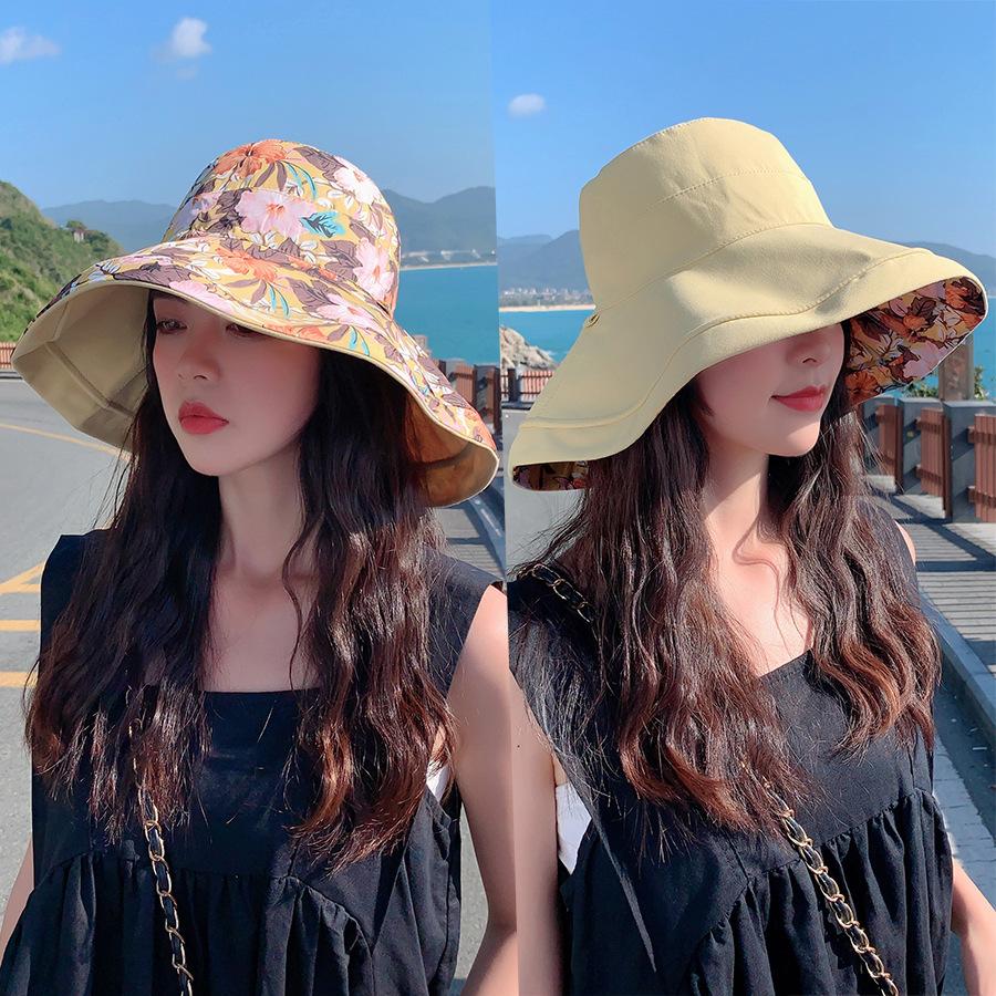 Large Brim Fisherman's Hat Double-sided Wearable Printed Cotton Shade Hat Temperament Versatility Female Spring Summer Sunscreen