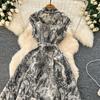 New women's high-end elegant dress women's lapel sleeveless waist single-breasted ink painting jacquard dress