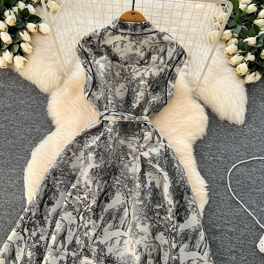 New women's high-end elegant dress women's lapel sleeveless waist single-breasted ink painting jacquard dress