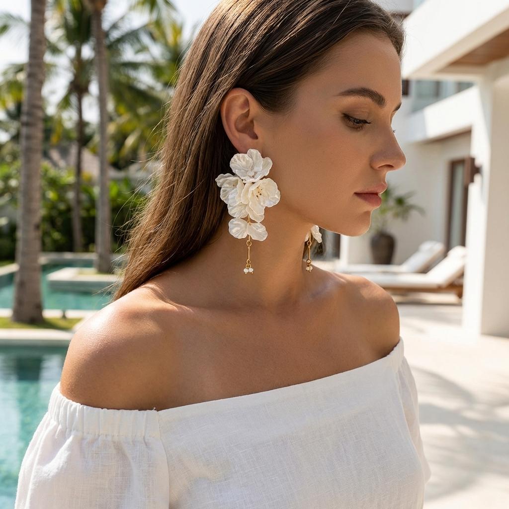 White Flower Drop Earrings for Women Elegant Layered Petal Tassel Drop Dangle Jewelry Daily Party Wedding Accessories Gift