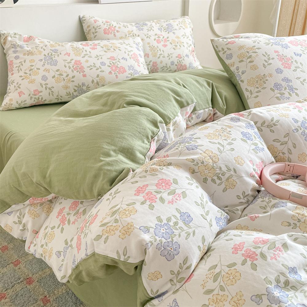 Pure Cotton Class A Maternal And Infant Grade Double-Layer Yarn Four-Piece Set, Summer Breathable Small Floral Dormitory Can Be Washed Without Pilling