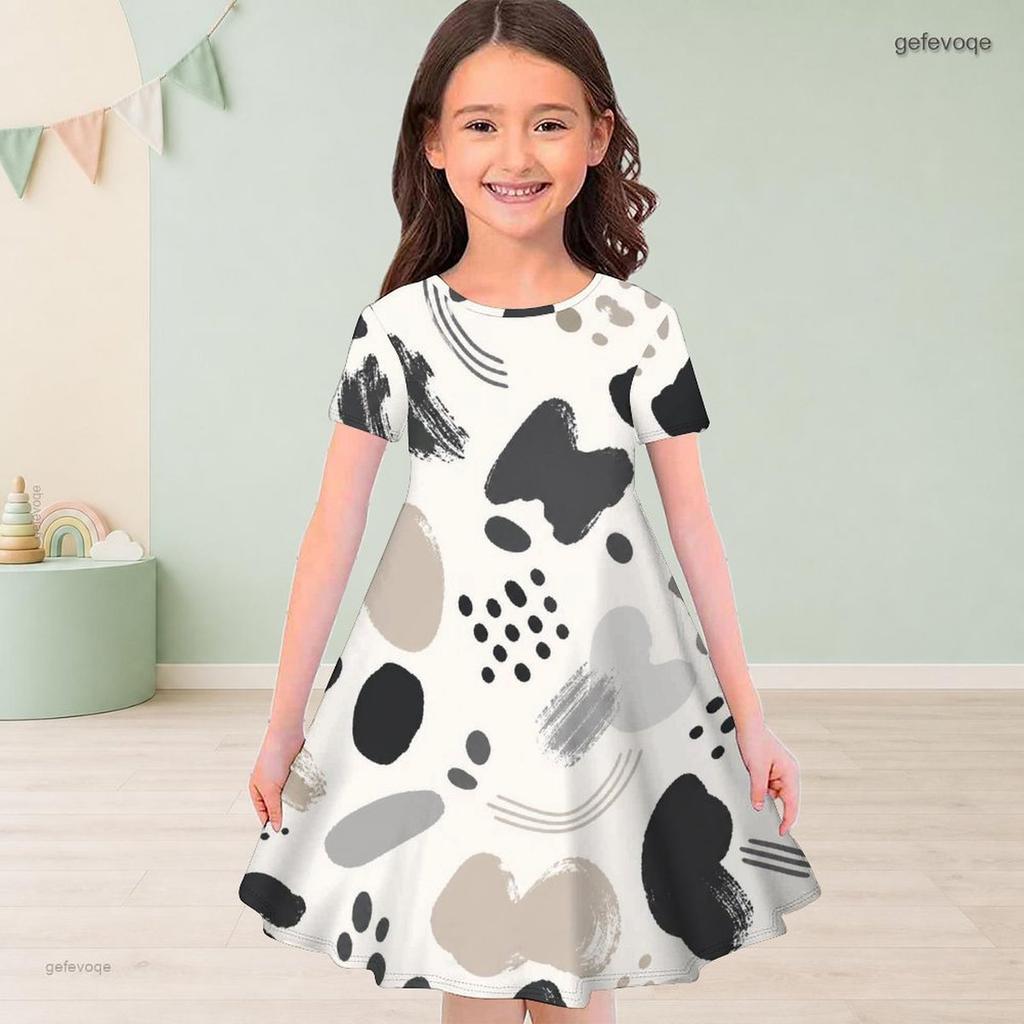 Girls Round Neck Short Sleeve Abstract Marble Printed A Line Flared Dress