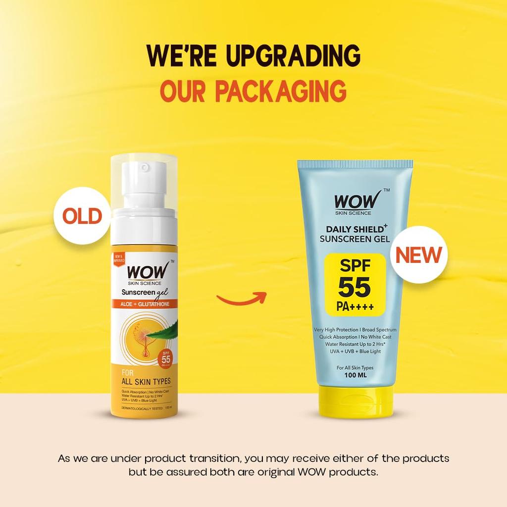 WOW Skin Science Daily Shield+ Sunscreen Gel SPF 55 PA++++ | Broad Spectrum UVA UVB & Blue Light Protection | Lightweight Gel, No White Cast | Wate