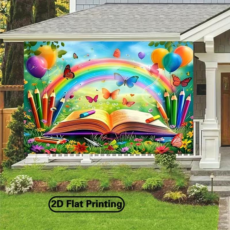 Rainbow Book & Pencil Photo Booth Backdrop, First Day of School Party Decor