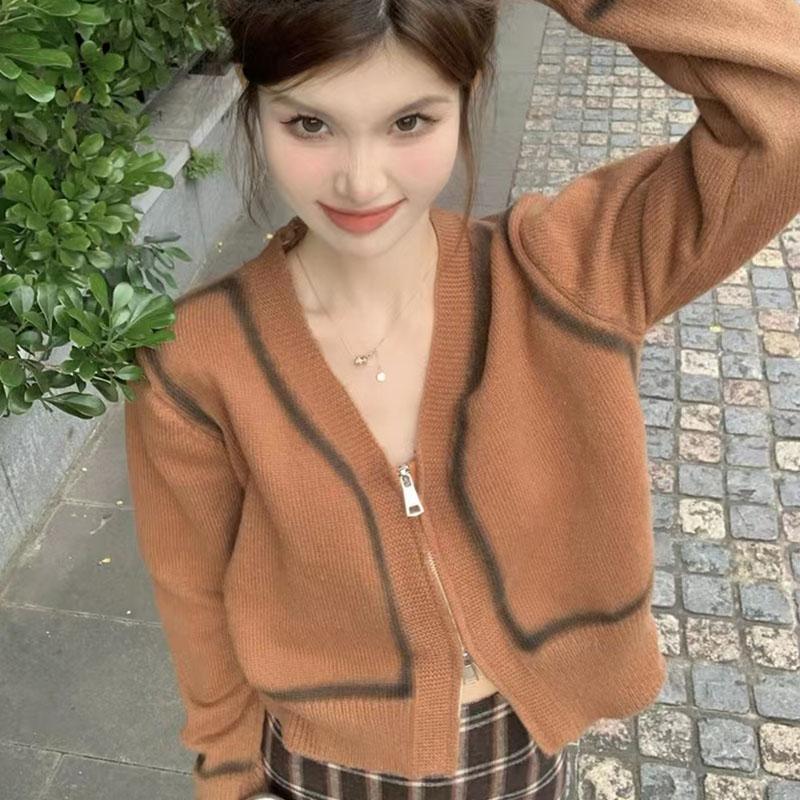 

Окрашенный в галстук дизайн, вязаный кардиган на молнии с v-образным вырезом, свитер, женский осенний новый дизайн, короткий свитер, кардиган, женское пальто One Size темные хаки