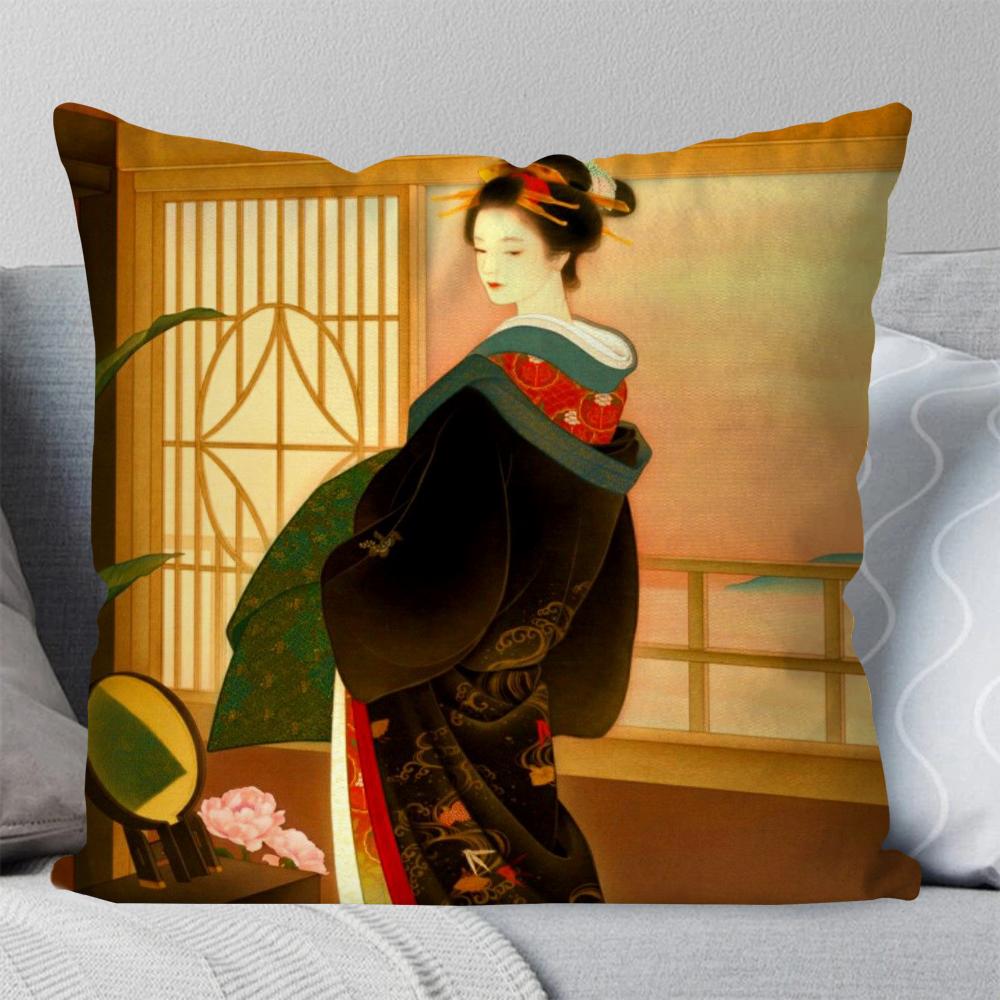 Klassieke Retro Japanse Geisha Vrouw Kussensloop Vierkante Kussen Slaapkamer Bank Vrije Tijd Comfort Auto Woonkamer Huisdecoratie 40X40
