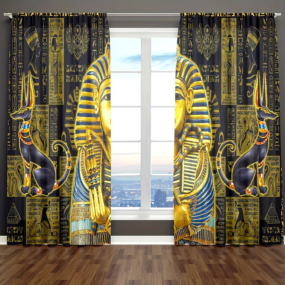 2 pieces of golden Egyptian Pharaoh ancient pattern printed curtains   pole bag curtains   home decoration   room decoration