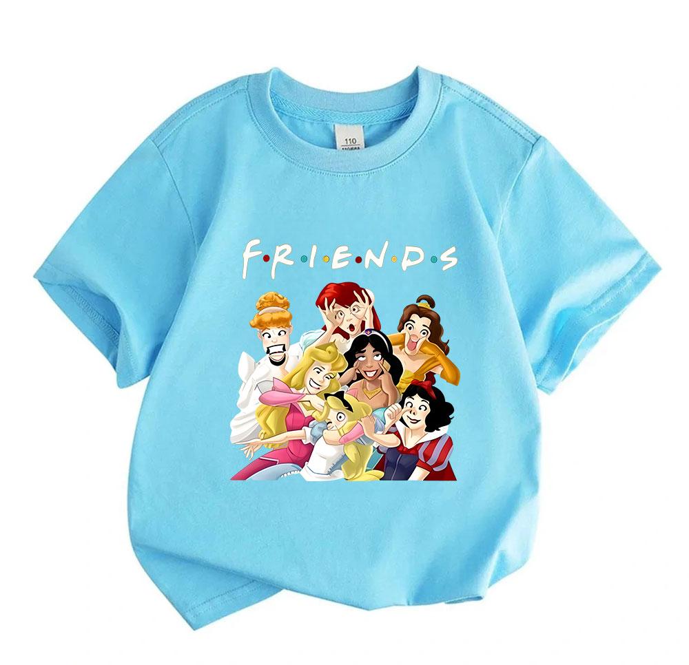 Kids Boys Girls 100% Cotton Crew Neck Short Sleeve T-Shirt, Funny Cartoon Princess FRIENDS Group Print Casual Soft Breathable Summer Tee Tops for Chil