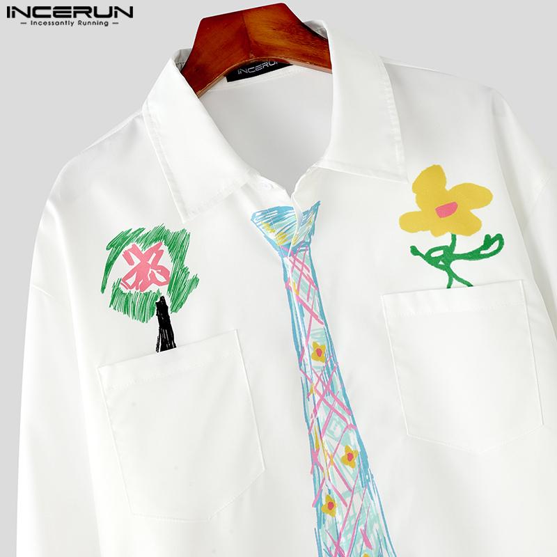 INCERUN Oversized Men Lapel Neck Long Sleeve Floral Print Chest Pockets Casual Shirts