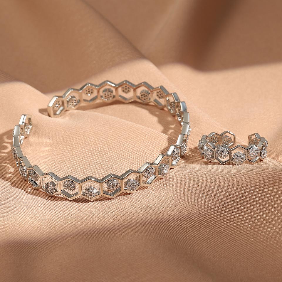 Htpwe Copper Metal Honeycomb Hexagonal Hollow Opening Bracelet Ring Set For Women 18k Gold Couple Holiday Gift Set Party Zircon