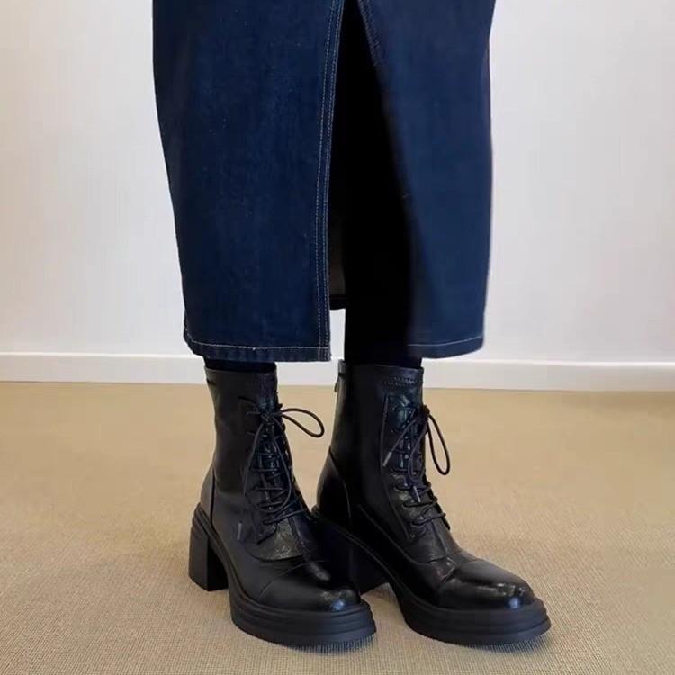 British Platform High-heeled Martin Boots Women's 2025 New Temperament Versatile Thin Boots Retro Front Lace-up Heightening Women's Boots