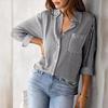 Camisa Feminina Lapela Manga Comprida Abotoamento Simples Tops de Camisa com Bolso de Patch Caimento Solto Respirável Tops de Escritório