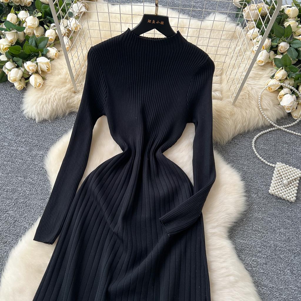 Spring Autumn Women Elegant O-neck Striped Knitted Sweater Long Midi Pullover Dresses