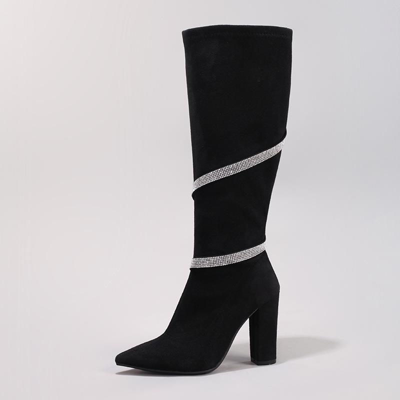 

Women s Diamond Strip Decorative Black High Heel Knee Boots Sexy Pointed Thick Heel Suede Winter Tall Fashion Boots 42 чёрный