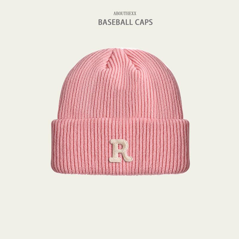 Hats for Women's Autumn and Winter New Warm Knitted Hat Korean Version Versatile R Letter Wool Hat Couple Head Hat Men's Trend