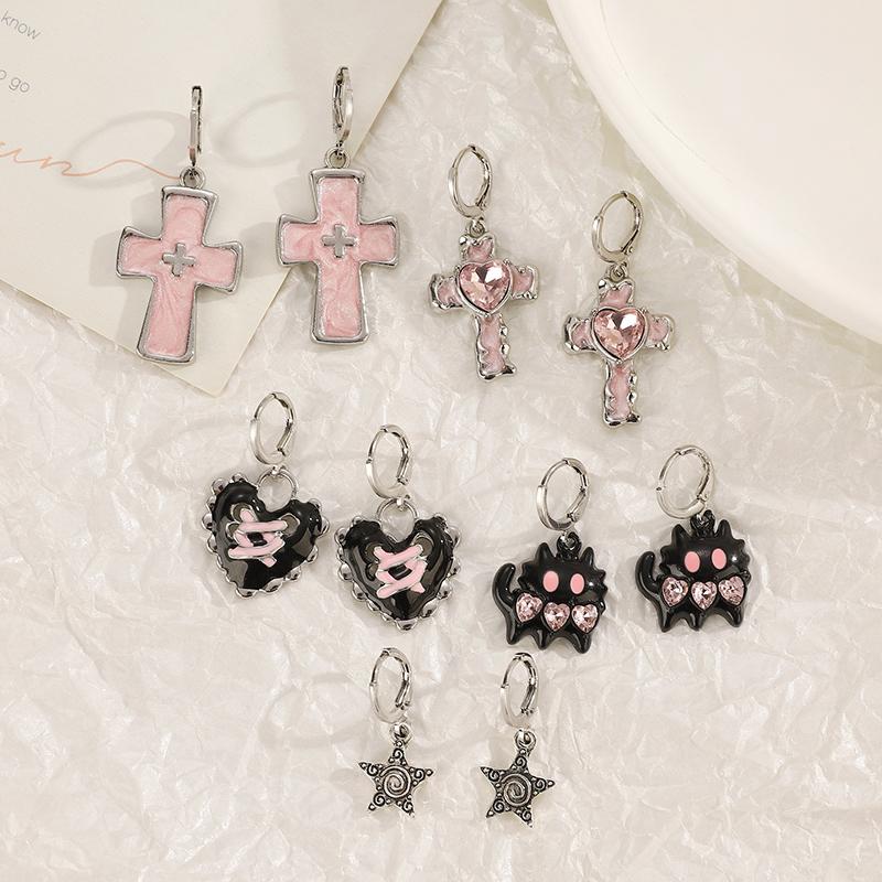 Vintage Gothic Black Heart Shaped Kitten Inlaid With Pink Zircon Earrings Creative Cool Cross Heart Shaped Sweet Jewelry Gift