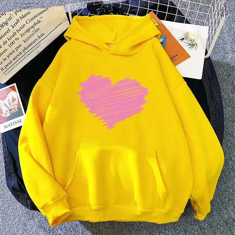 Pink Heart Printed Hoodie for Women Classic Hooded 2025 Autumn and Winter Hoodie Long Sleeve Female Causal Sporty Sweatshirts