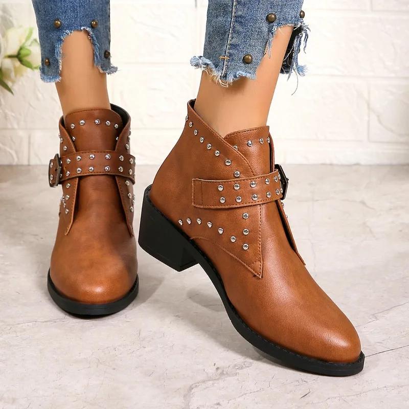 Zimní boty Boty Podzim Nýty Boty-Ženy Luxusní Designér Kulatá špička Velká velikost Kůže Střední Módní Špičaté Mi