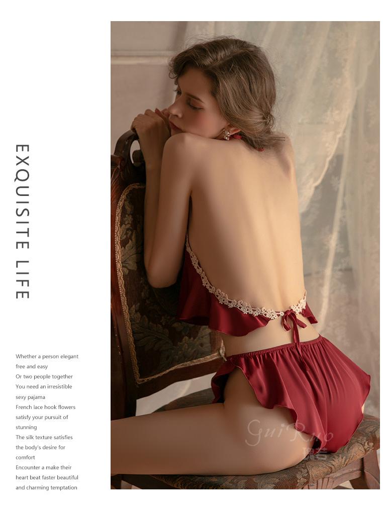 Guiruo Satynowa Koronka Damski Zestaw Piżamowy: Uwodzicielska koszulka na ramiączkach i prześwitujące szorty - Styl 705