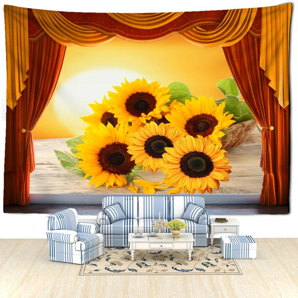 Sunflower Landscape Window Tapestry Wall Hanging Natural Minimalist Art Bohemian Hippie Living Room Bedroom Home Decor