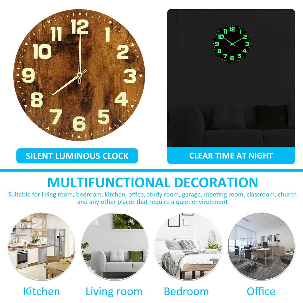 Luminous Wall Clocks Wooden Glow In The Dark Clock 12 In Silent Non-Ticking Lighted Wall Clock for Office Living Room Home Decor