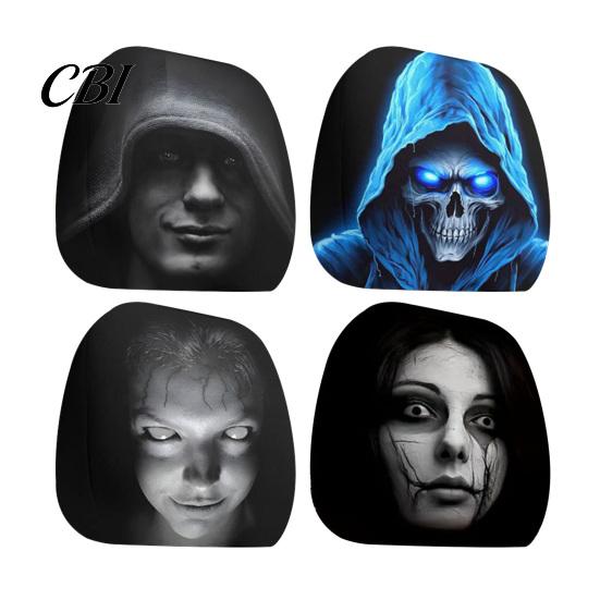 Universal Fit Auto Accessories 2PCS Car Headrest Cover with Scary Face Printing, Breathable Stretch Knitted Knit Fabric Dust Cover, Halloween