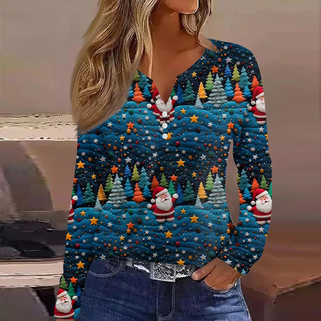 Women's Fashion Casual V-Neck Button-Up Long-Sleeve T-Shirt With Christmas Print Top