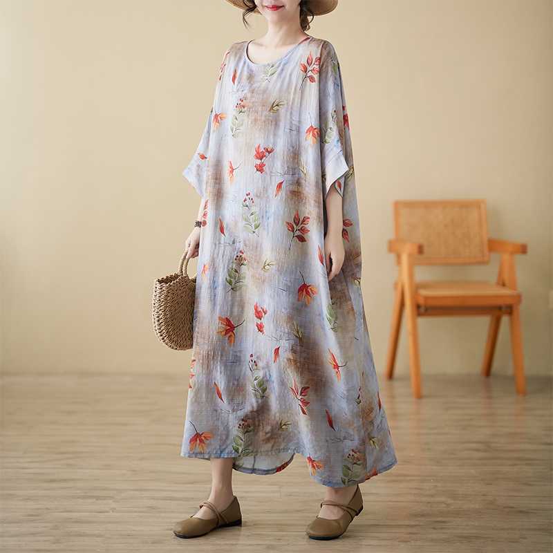 

Платье для мамы среднего и пожилого возраста большого размера, этнический стиль, хлопок и лен, платье с коротким рукавом, женское one size fits all серый