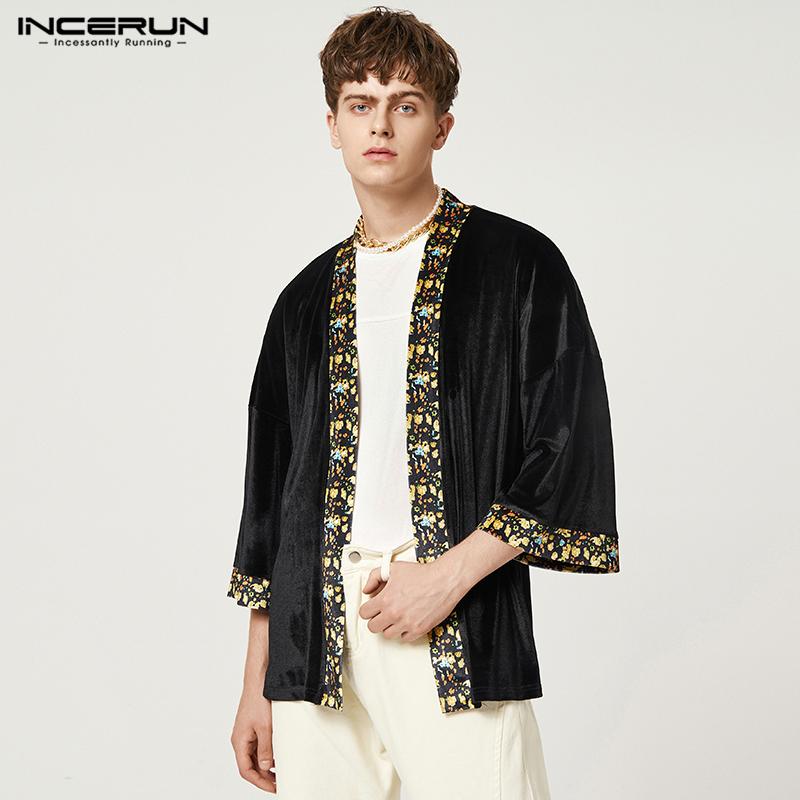 

INCERUN Весна-лето мужские открытые бархатные кардиганы с рукавами 3/4 спереди