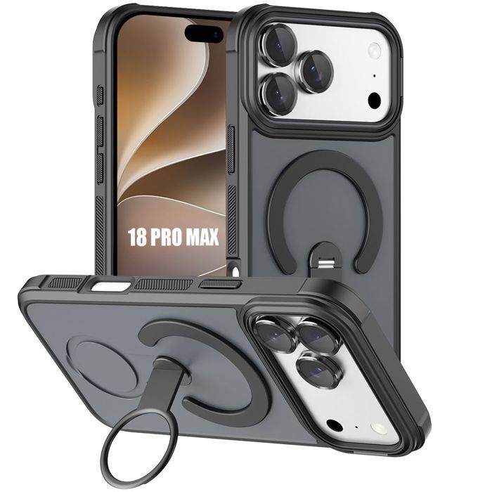 Coque pour iPhone 18 Pro Max, Bumper Hybride avec Cercle Magnétique et Support - Noir