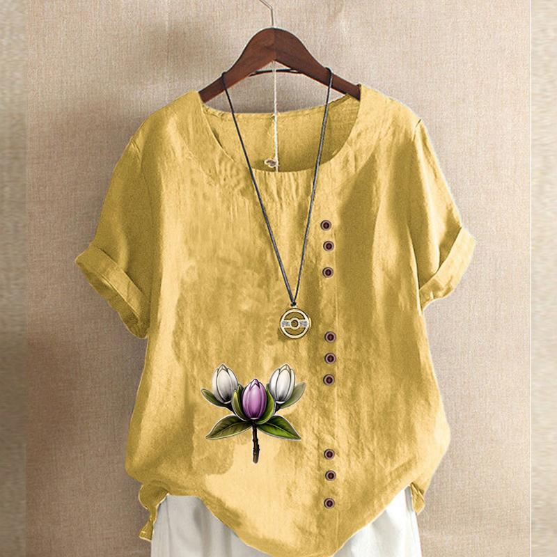 Women's Fashion Flowers Print Short Sleeve T-shirt Loose Cotton Shirt Casual Loose Summer Blouse Tops Plus Size