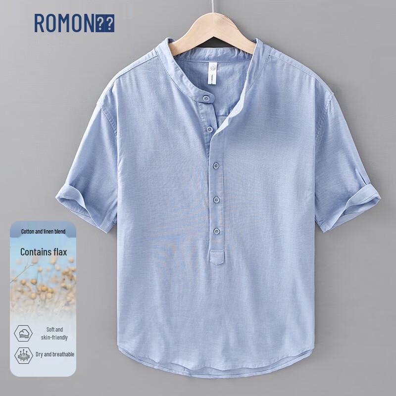 ROMON Men s Linen Blend Short Sleeve Pullover Shirt L